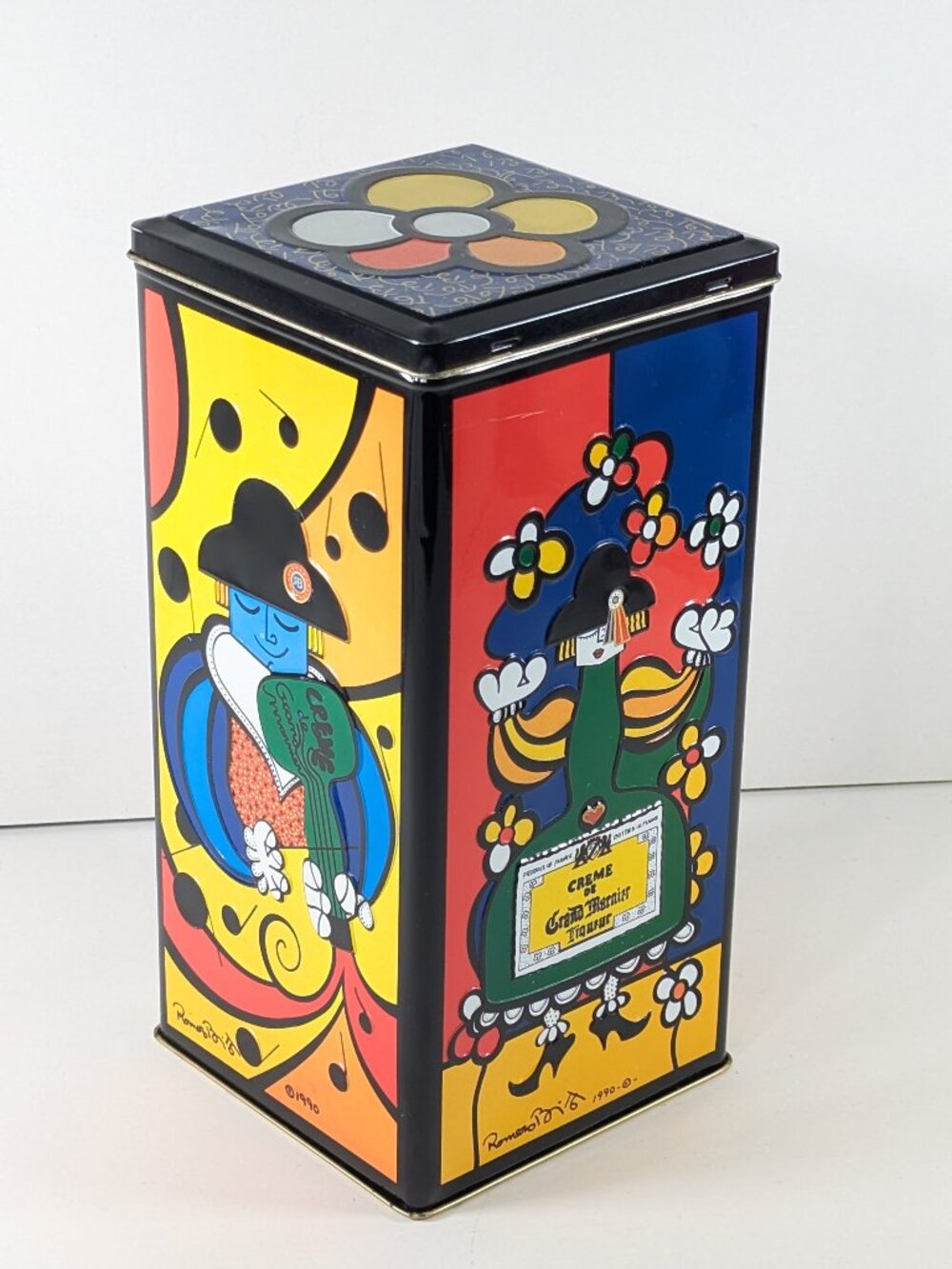 Colourful lithographed storage tin by pop artist Romero Britto